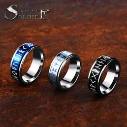 Steel soldier rotating viking rune ring stainless steel men nordic myth religious jewelry