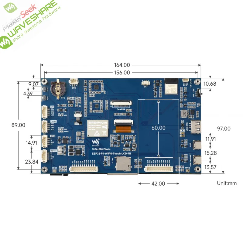 SKU-32510 Waveshare ESP32-P4-WIFI6 7inch 5-Point Touch Display Development Board, Based On ESP32-P4 And ESP32-C6, 1024 × 600 Res