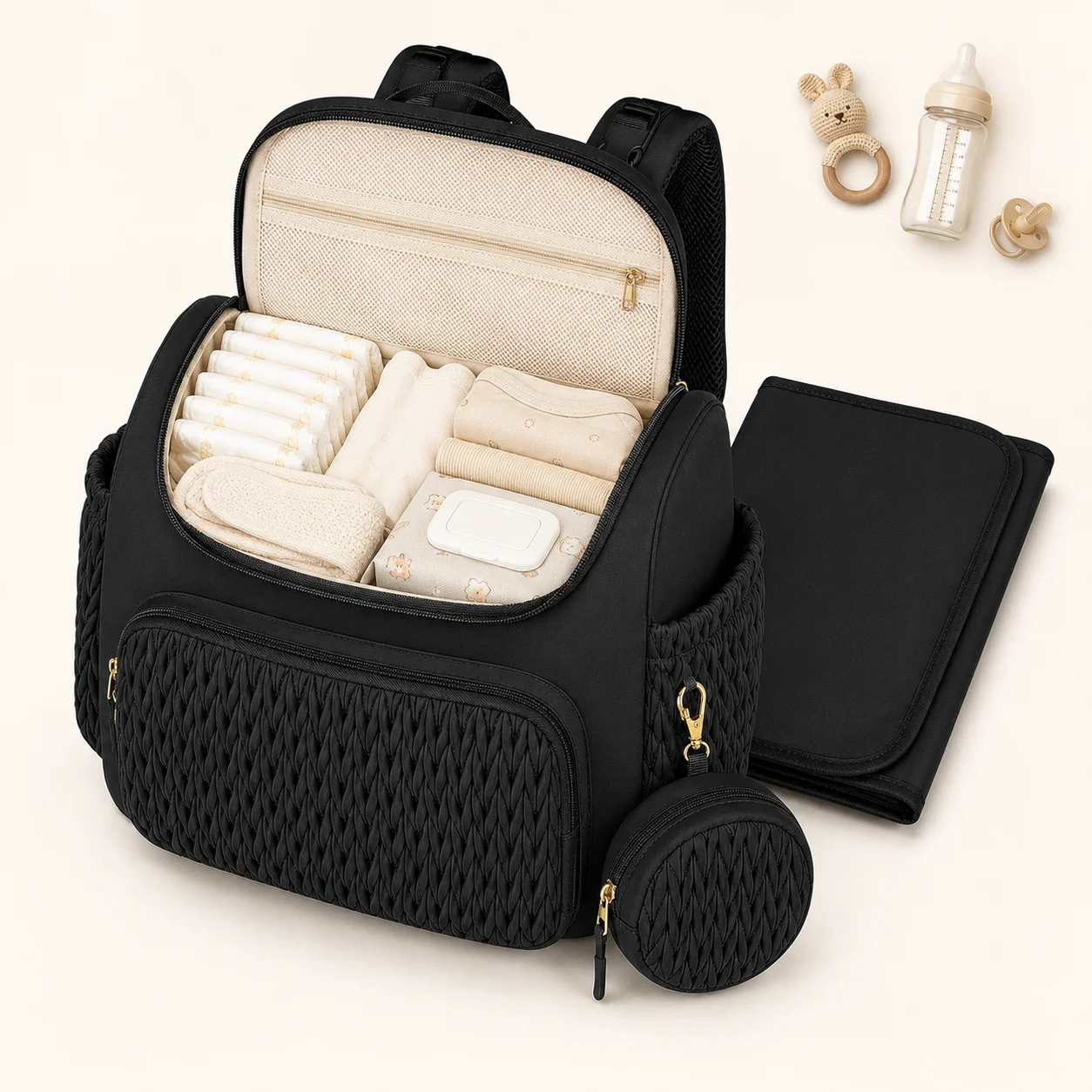Large Diaper Backpack with 4 Insulated Bottle Pockets Wet Dry Storage Changing Mat Stroller Straps Baby Travel Bag