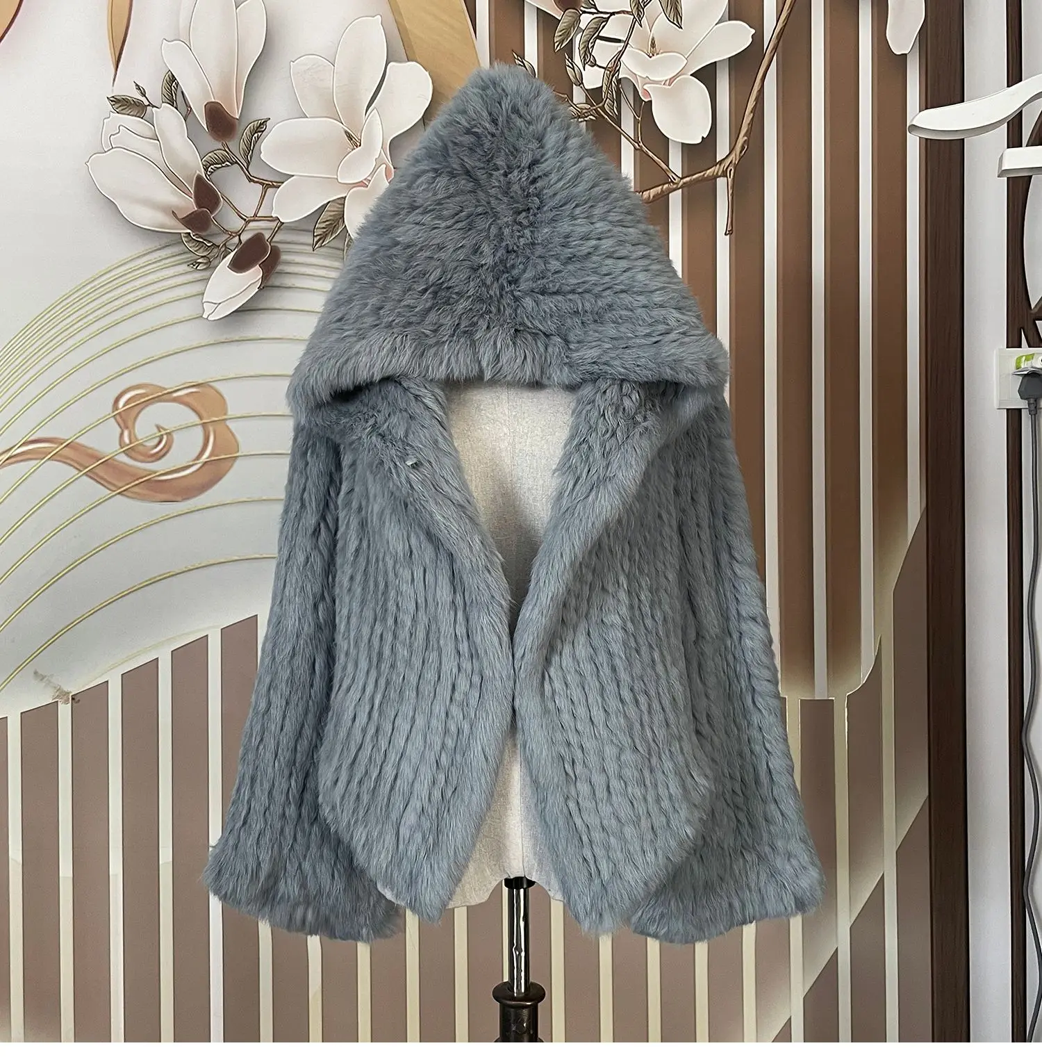 Long Sleeve Casual Loose Knitted Real Rabbit Fur Hooded Coat Women Genuine Natural Rabbit Fur Outwear Female Fur Jacket
