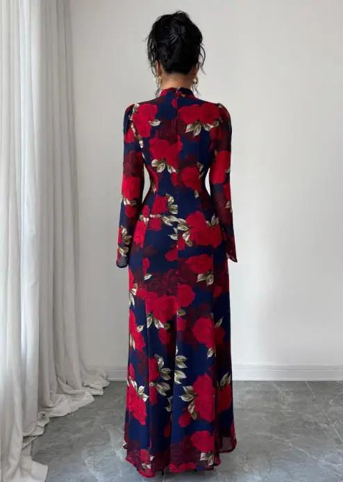 

Autumn 2025 Elegant Style Rose Flower Print Long Sleeved Dress for Women, Fashionable Slim Fit, Hip Hugging, Fish Tail Dress
