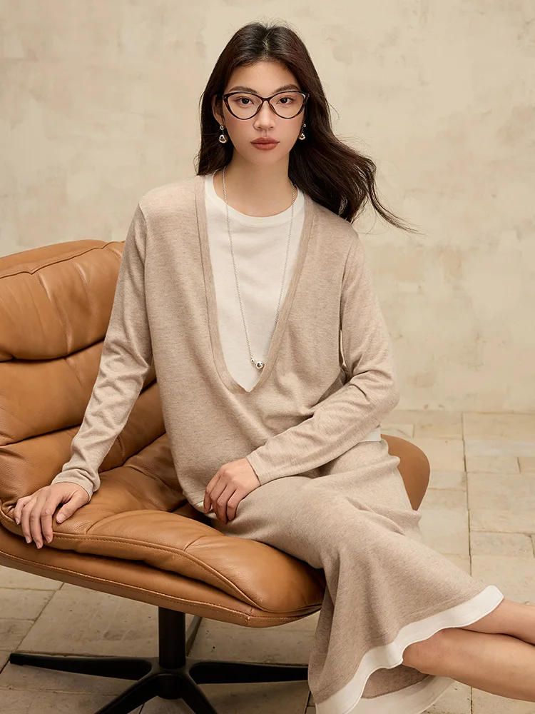 SuyaDream, Wool Pullovers for Woman, Fake two pieces, U Neck Sweaters, 2025 Fall Winter Soft Warm Top