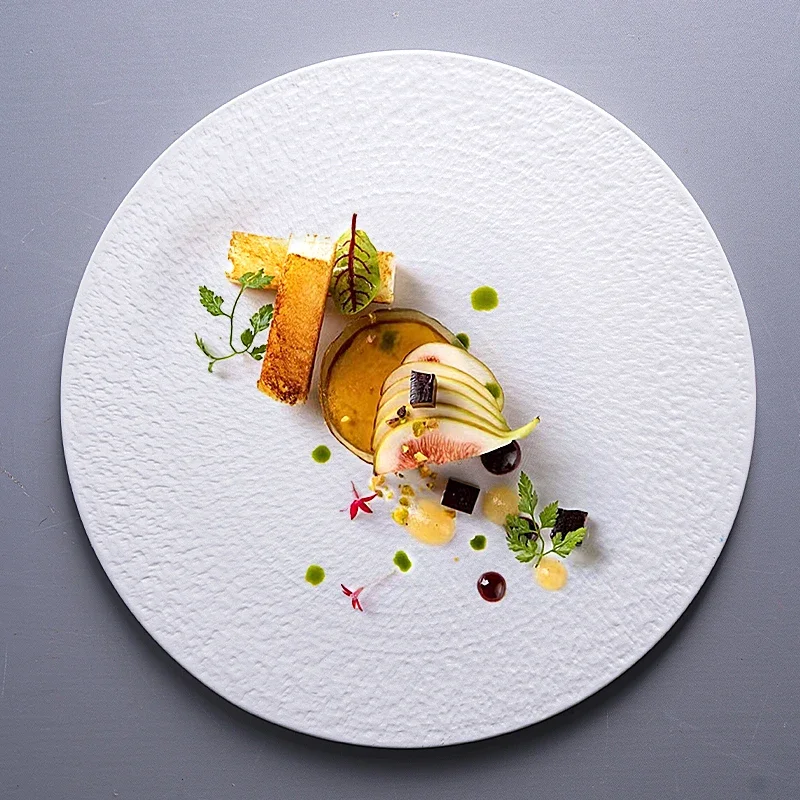 

French Western Food Plate Creative Flat Steak Dessert Plate Round Western-style Dish Flat Plate with Stone Texture Frosted Dish.