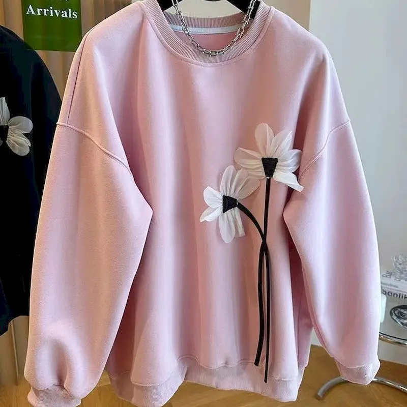 Korean Style Pullovers Women Fashion Design Twin Flower Pullover Casual Loose Sweatshirts Spring Autumn Trendy Long Sleeve Tops