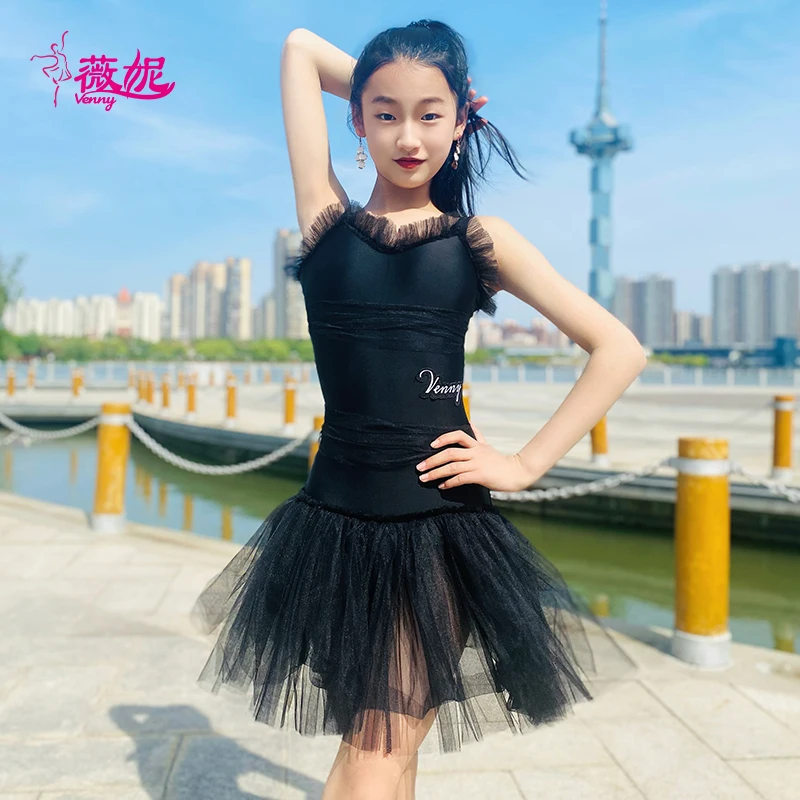 

Vennystyle Latin Dance Dress Girls Mesh Sleeveless Leotard for Professional Dance Training Practice Ballroom dance costumes