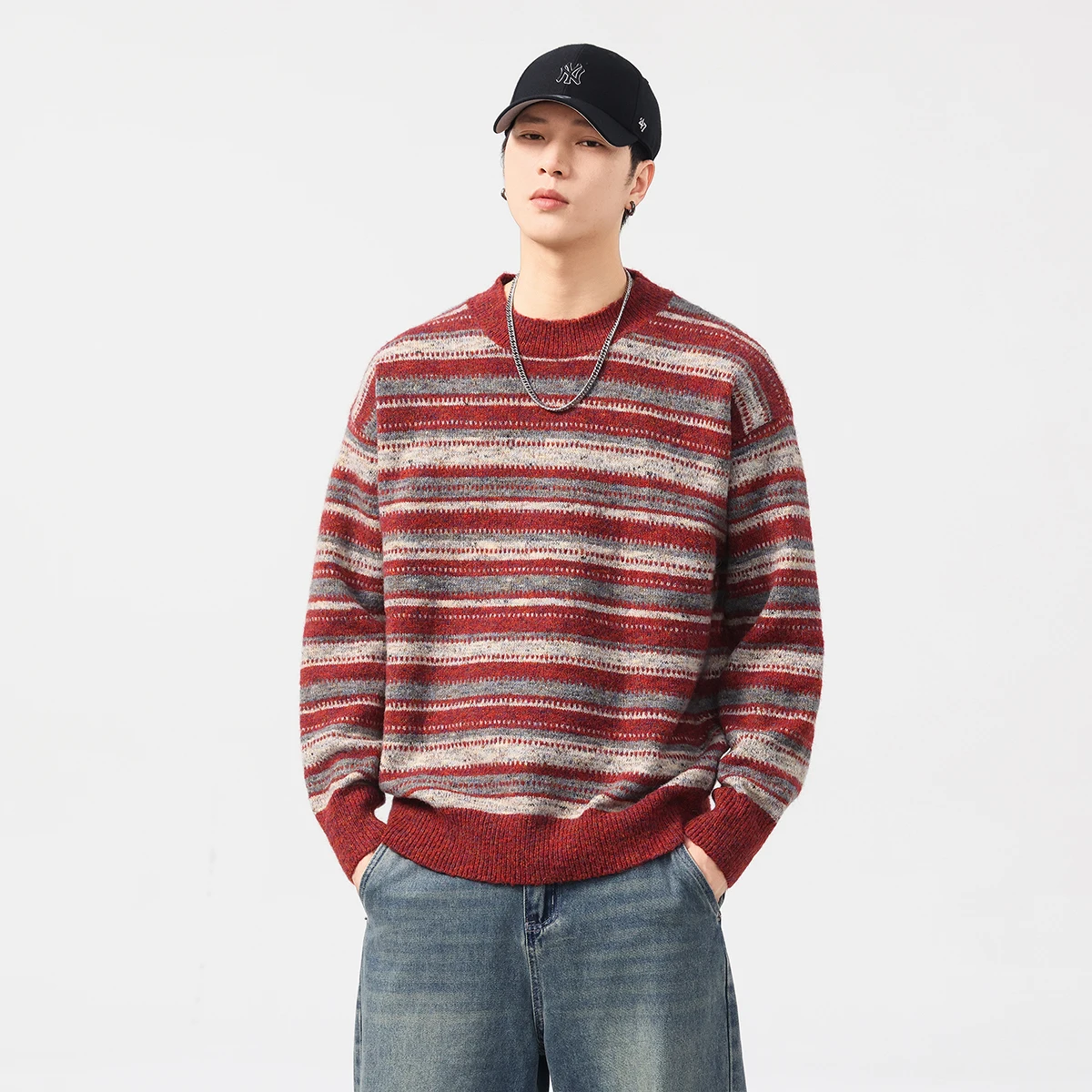 

Amekaji Высококачественный американский полосатый вязаный свитер в стиле ретро - повседневный мужской пуловер свободного покроя 2025 года, осень-зима, большие размеры Cityboys