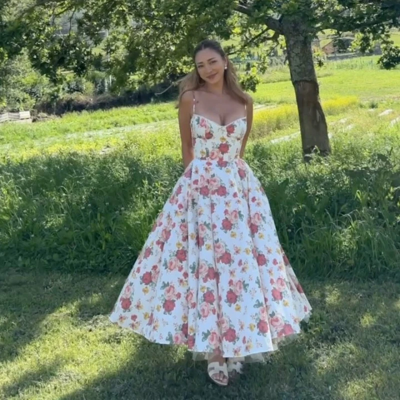Suninheart Sommer-elegantes Midikleid mit Spaghettiträgern, 2025, Blumendruck, Tüllkleid, sexy Korsettkleid für Hochzeitsgäste, Party