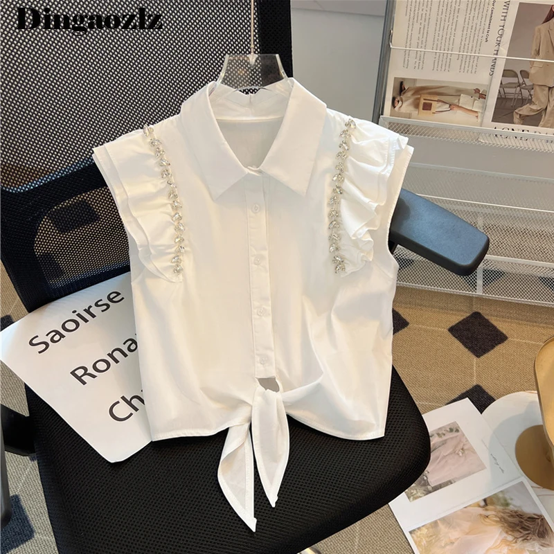 

Милая белая короткая рубашка Летняя Блузка с рукавом-летящей летней длины женские топы с оборками и бантом