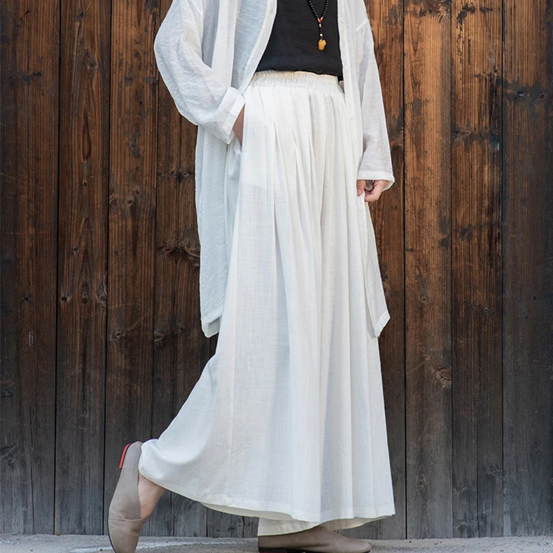 

High Waist Wide Leg Pants Women's Cotton Linen Loose Elastic Waist Vintage Flared Yoga Meditation Long Trousers Skirt Pants