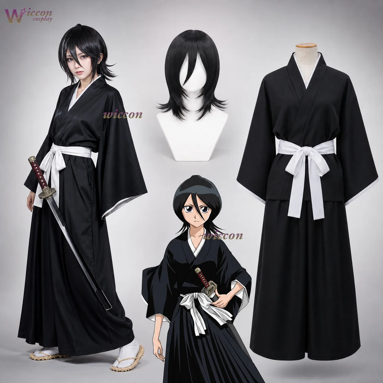 Bleach Kuchiki Rukia Shinigami Cosplay Schwarz Shihakusho Weißer Obi Kurze schwarze Bob-Perücke Sode no Shirayuki Komplettset Halloween