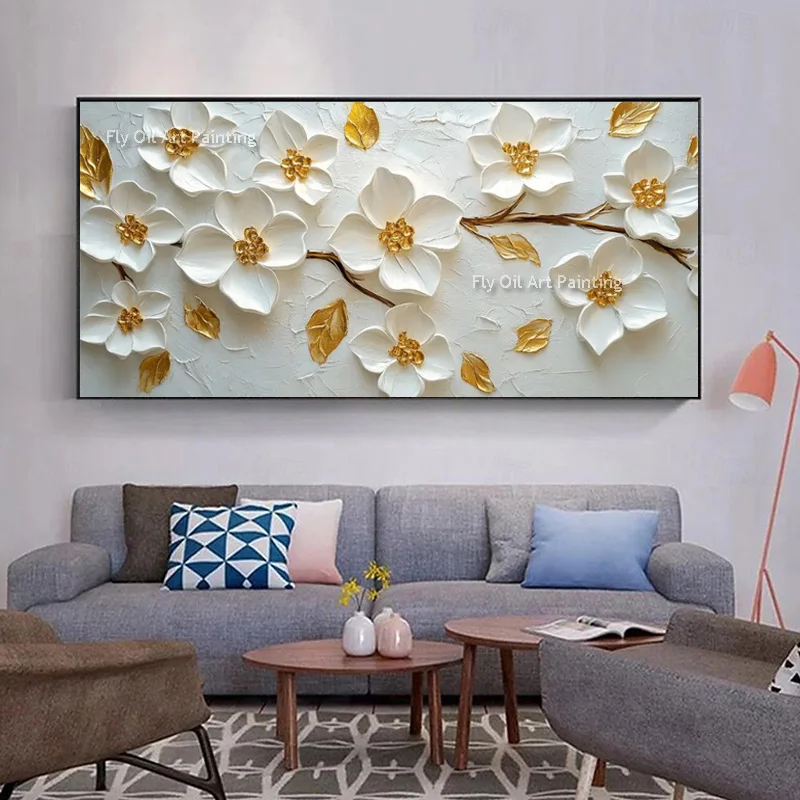 Large Modern White And Golden Flowers Wall Art Decor For Living Room Decor Handpainted Colorful Knife Thick Canvas Oil Painting