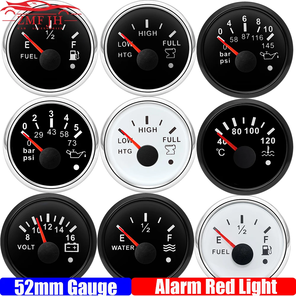 

Red Backlight 2" 52MM Fuel Level Gauge/Water Level Meter/Voltmeter/Water Temperature/Oil Pressure Meter with Alarm Auto Boat