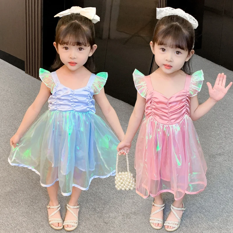 

Summer girls' dresses 2022 factory new square neck short sleeves children's long skirts spring autumn outdoor neon color skirt