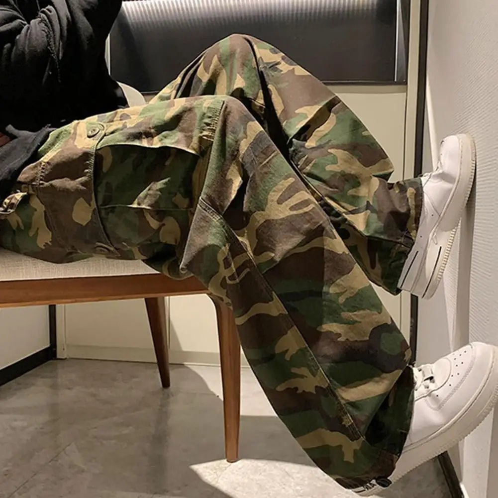 Men Cargo Pants Camouflage Drawstring Elastic Waist Wide Leg Autumn Vintage Jogging Trousers Streetwear