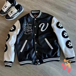 Winter Black Vandythepink Jackets Embroidered Letter Print Baseball Jersey Street Patchwork Sleeves PU Leather Coats Men Women