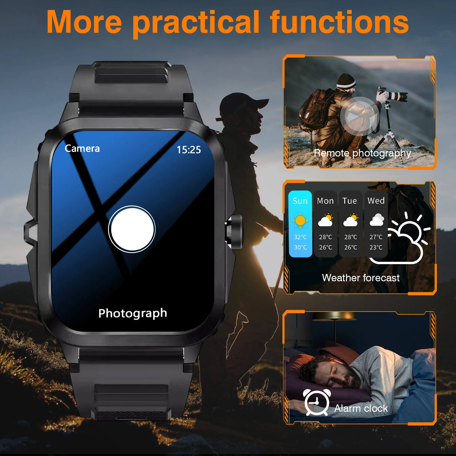 ساعة ذكية، مكالمات لاسلكية، تذكير بالمكالمات/الرفض، تذكير بالرسائل، التحكم في المصراع، مناسبة لهاتف IPhone/Android