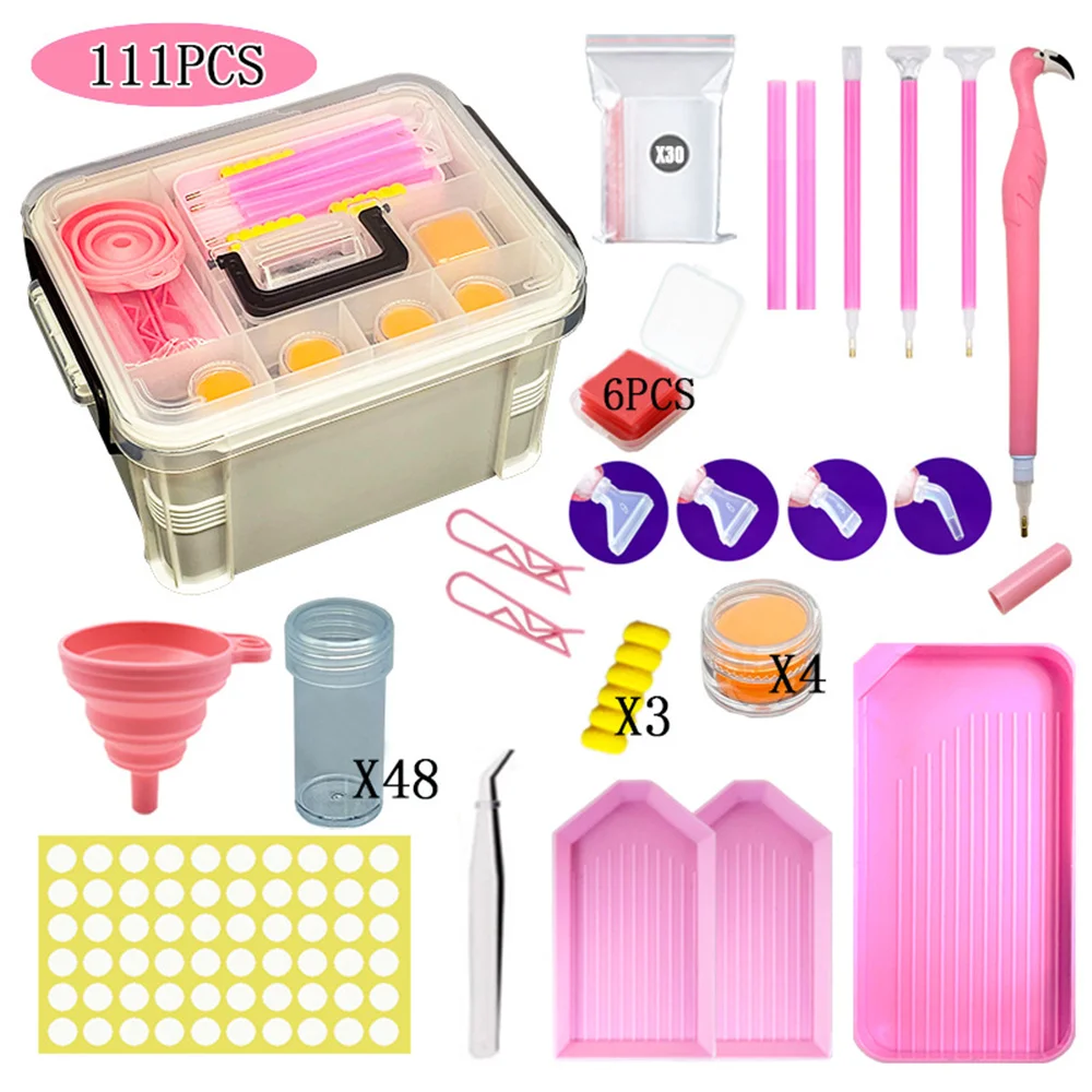 111pcs Diamond Painting Tools Kit with Plastic Storage Box, Trays, Bottles, Tweezers, Pens, Wax, Funnel Accessories