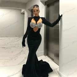 Elegant Mermaid Luxury Evening Dresses Gorgeous Satin Sexy High Necked Long Sleeve Simple Slimming Mopping Customized Prom Gowns