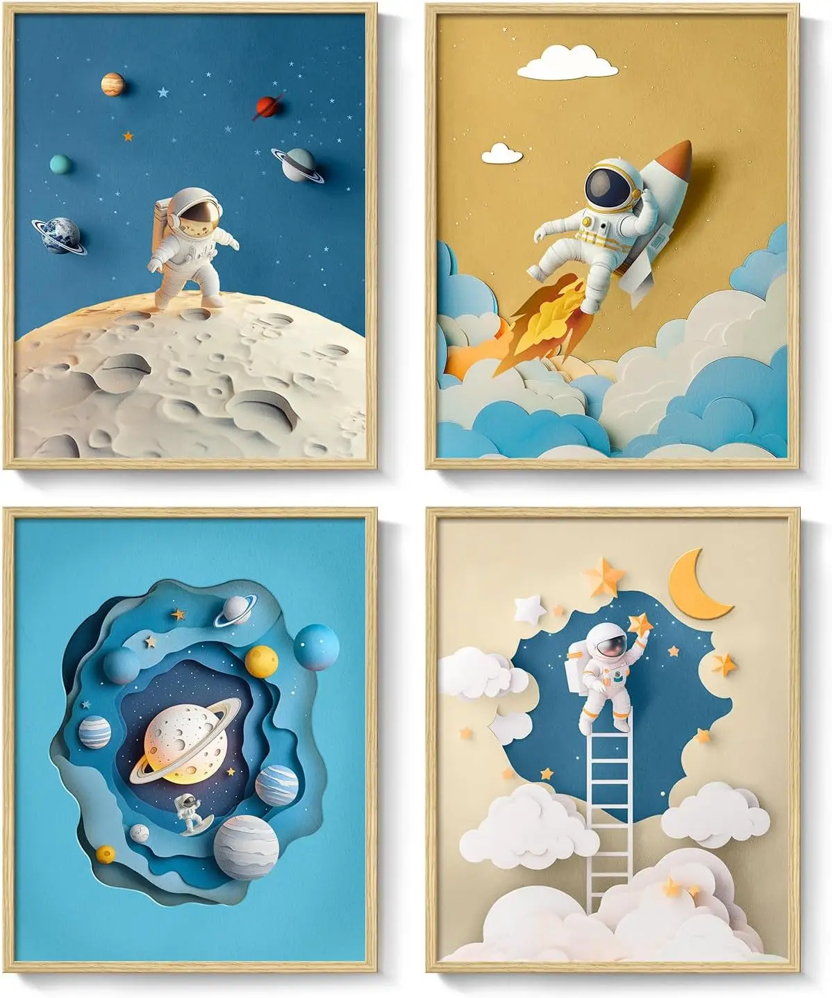 

Картина на холсте с изображением космонавта в рамке, набор из 4 принтов на космическую тематику для декора детской, спальни и ванной комнаты