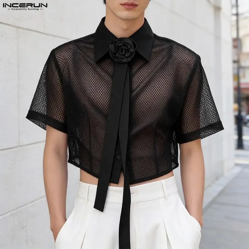 INCERUN Men's Shirt Mesh Patchwork See Through Sexy Lapel Short Sleeve Men Clothes Streetwear Fashion Crop Tops For Man Camisas