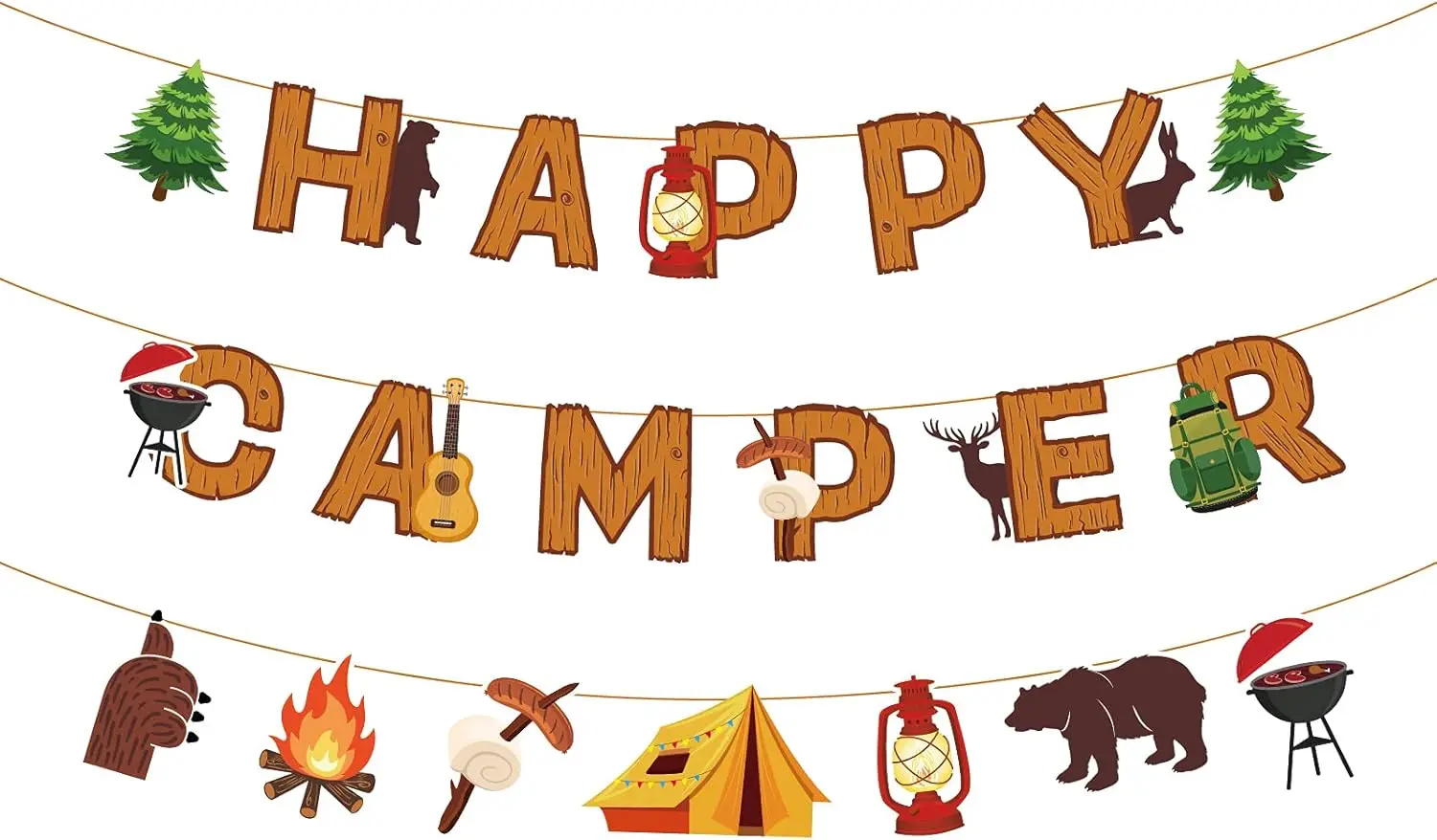 Camping Party Banner Happy Camper Banner Fun House Banner with Campfire Tent Oil Lamp Adventure Camping Birthday Party Decoratio