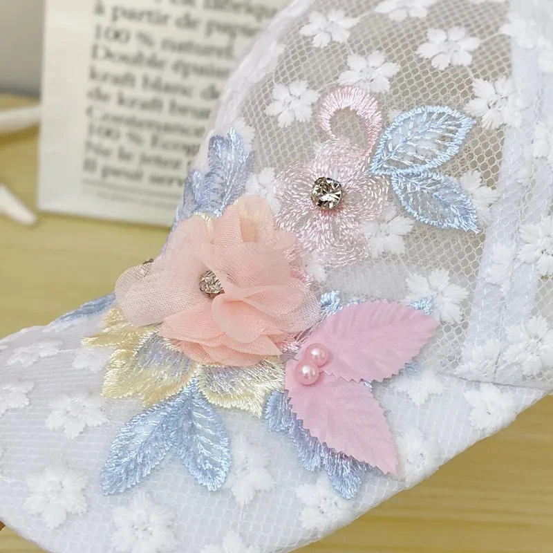 Elegant Lace-Trimmed Breathable Baseball Cap With Flower Embroidcery & Faux Pearls - Adjustable & Chic For Every Woman