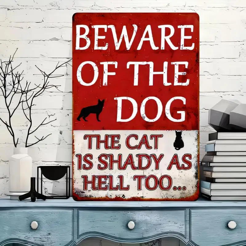 Vintage Iron Beware of Dog & Shady Cat Sign, Red-White Humorous Design, Retro Wall Decor for Home/Bar/Cafe - Funny Pet Metal Art
