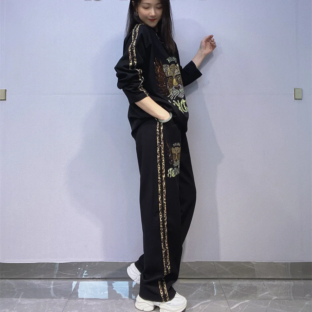 Fashion 2 Piece Sets Womens Outfits Cartoon Diamonds Casual Women Autumn Knitwear Loose Leopard Printed Side Stripe Pant Suits