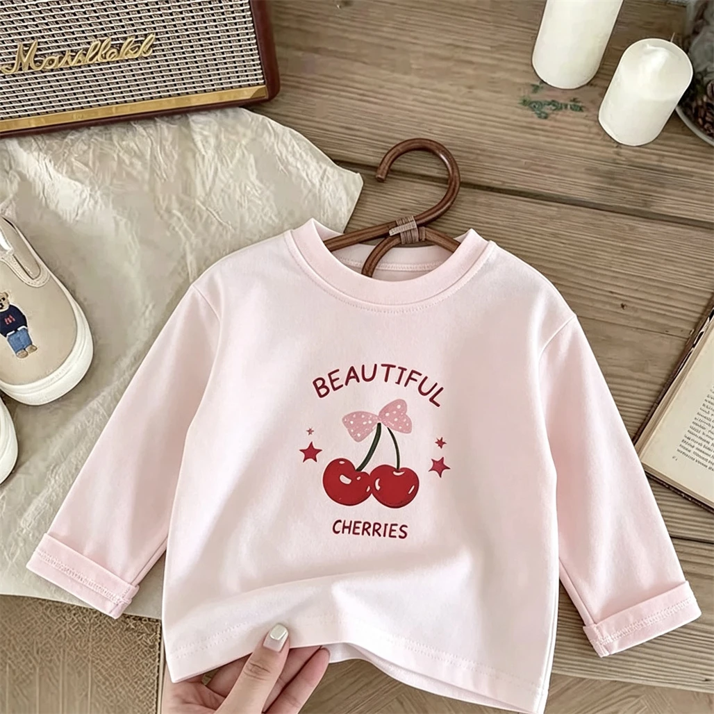 Girls Long-sleeved Tops Loose Casual 2026 Spring Clothes Pure Cotton Round Neck Base Shirt Kids Simple Versatile Base Shirt