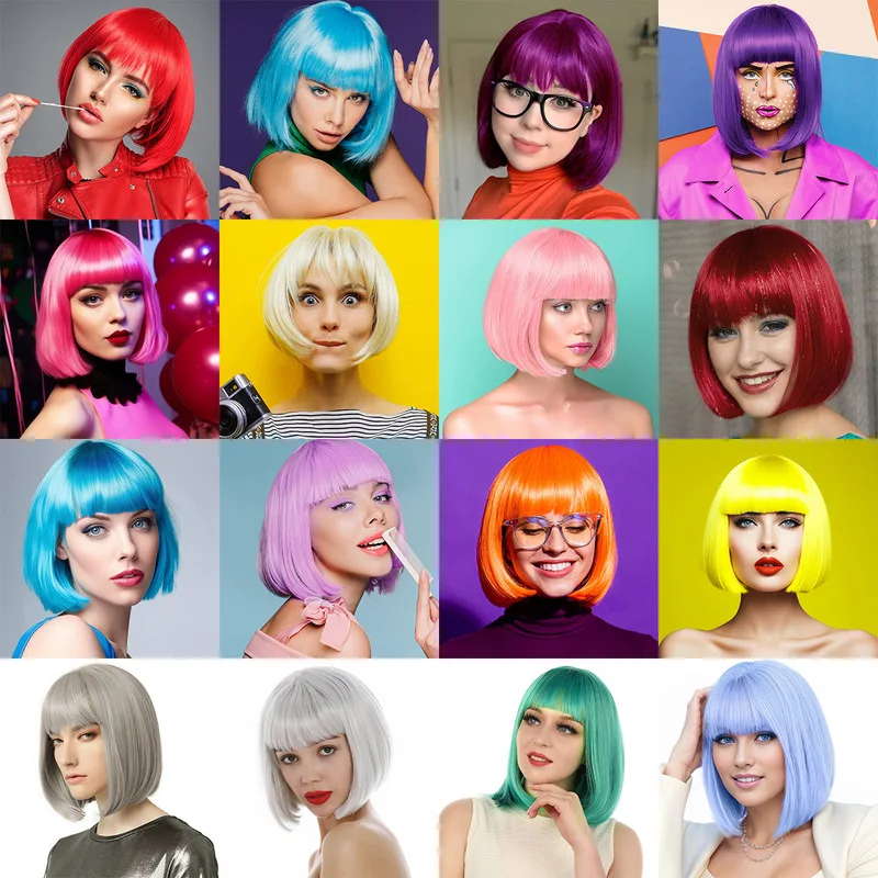 European and American with bangs, , student , short hair, BOB style, colorful anime Halloween wigs