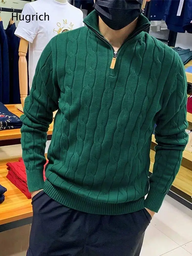 

Men Green Cable Knit Quarter Zip Sweater Stand Collar Long Sleeve Casual Pullover