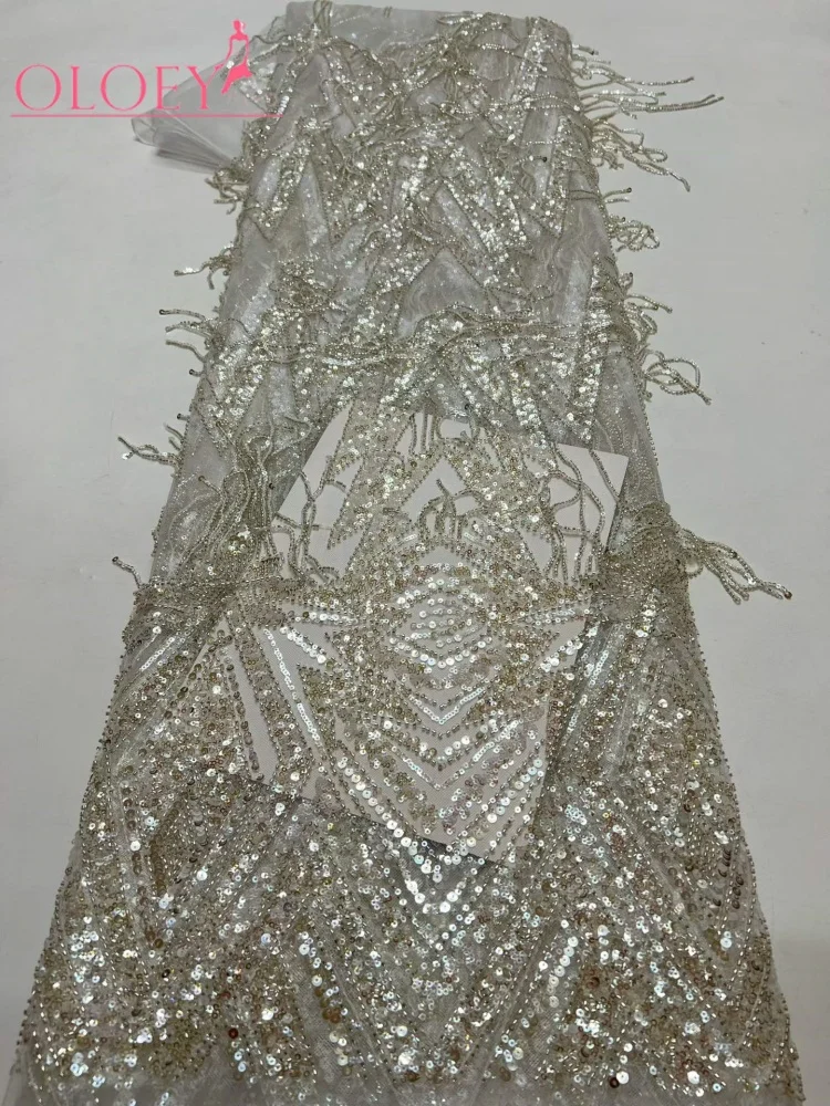 

OLOEY Bridal Wedding Party Dresses French Silver 3D Sequins Beaded Pendant Lace Fabric 2026 High Quality African Tulle Lace Fabr