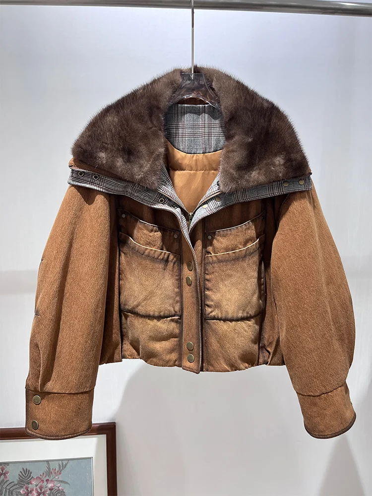 เสื้อแจ็คเก็ตขนห่านสำหรับผู้หญิง ฤดูใบไม้ร่วง-ฤดูหนาว ปี 2025  คอปกขนมิงค์แท้  แจ็คเก็ตยีนส์  เสื้อคลุมหรูหราสำหรับผู้หญิง