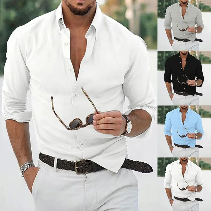 Mens Cotton Linen Button Down Shirt Casual Stylish Long Sleeve Business Dress Shirts