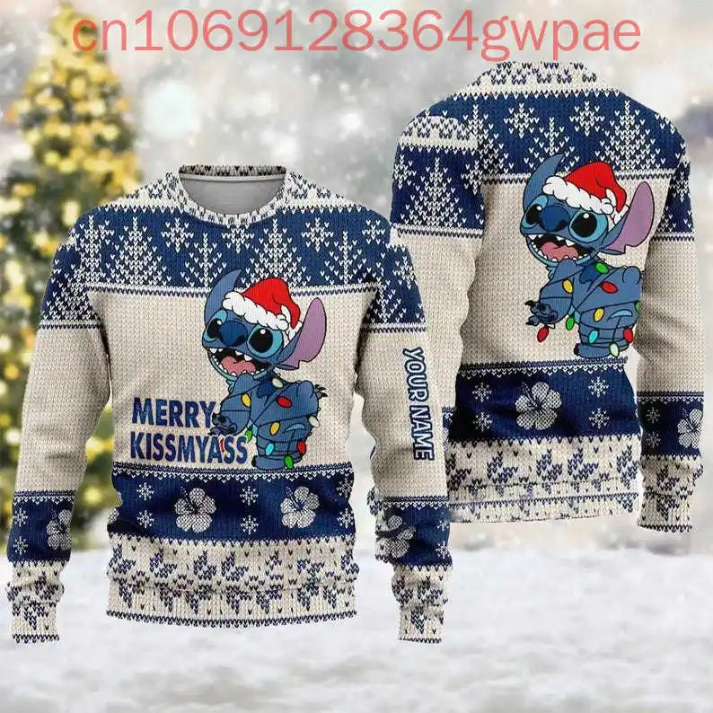 Disney Stitch Christmas Ugly Men and Women Sweater Personalized Stitch Santa Hat Cartoon Xmas Magic Kingdom Merry