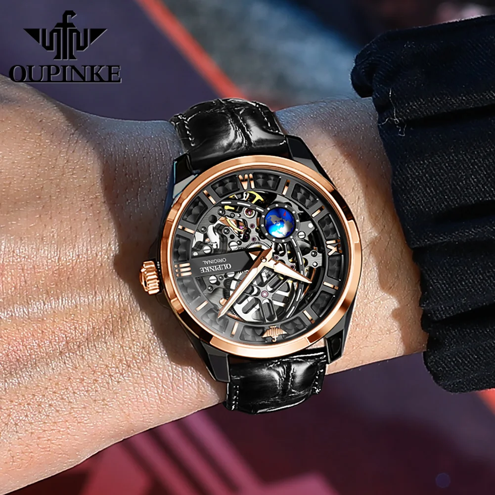 OUPINKE Luxury Brand Original Mechanical Watch for Men Full Skeleton Blue Earth High End Automatic  Wrist watch for Man Leather