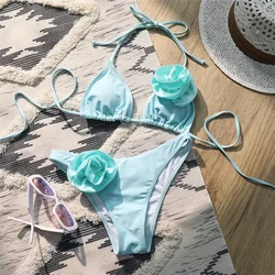 Sexy 3D Flower Swimwear String Halter Micro Thong Bikini Set Strój kąpielowy damski Mini kostium kąpielowy Triangle Bikini 2024 Mujer Bather