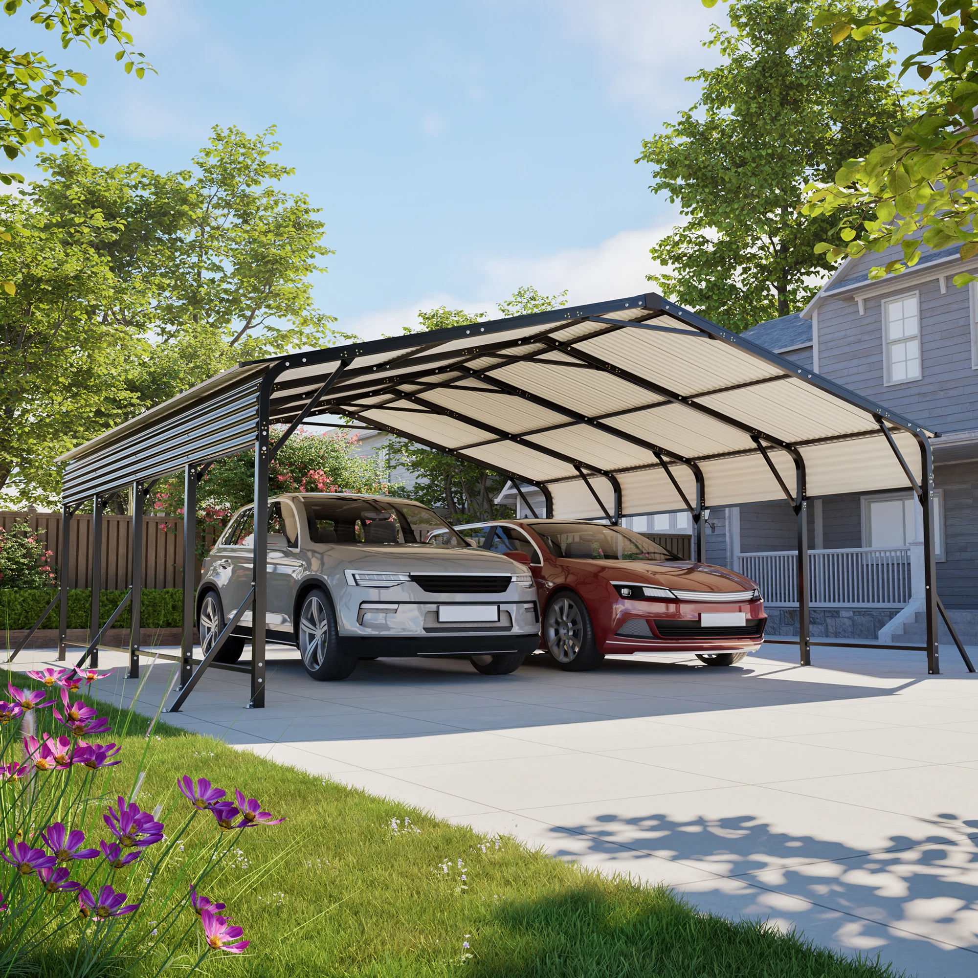 

Навес для автомобиля 20'x20' из оцинкованной стали, усиленный треугольный каркас, защита от УФ-излучения, водонепроницаемый, большой вместимости для легковых автомобилей и внедорожников