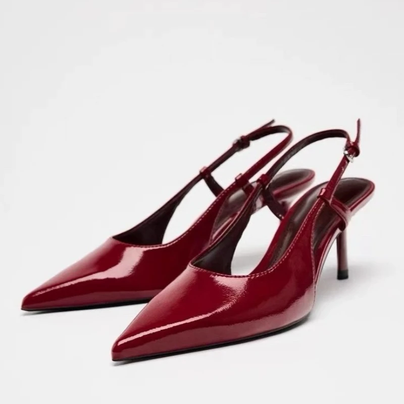 

2026 Summer High Heels Women Shoes Pointed Toe Elegant Red Patent Leather Slingbacks Trend Dress Party Stiletto Designer Sandals