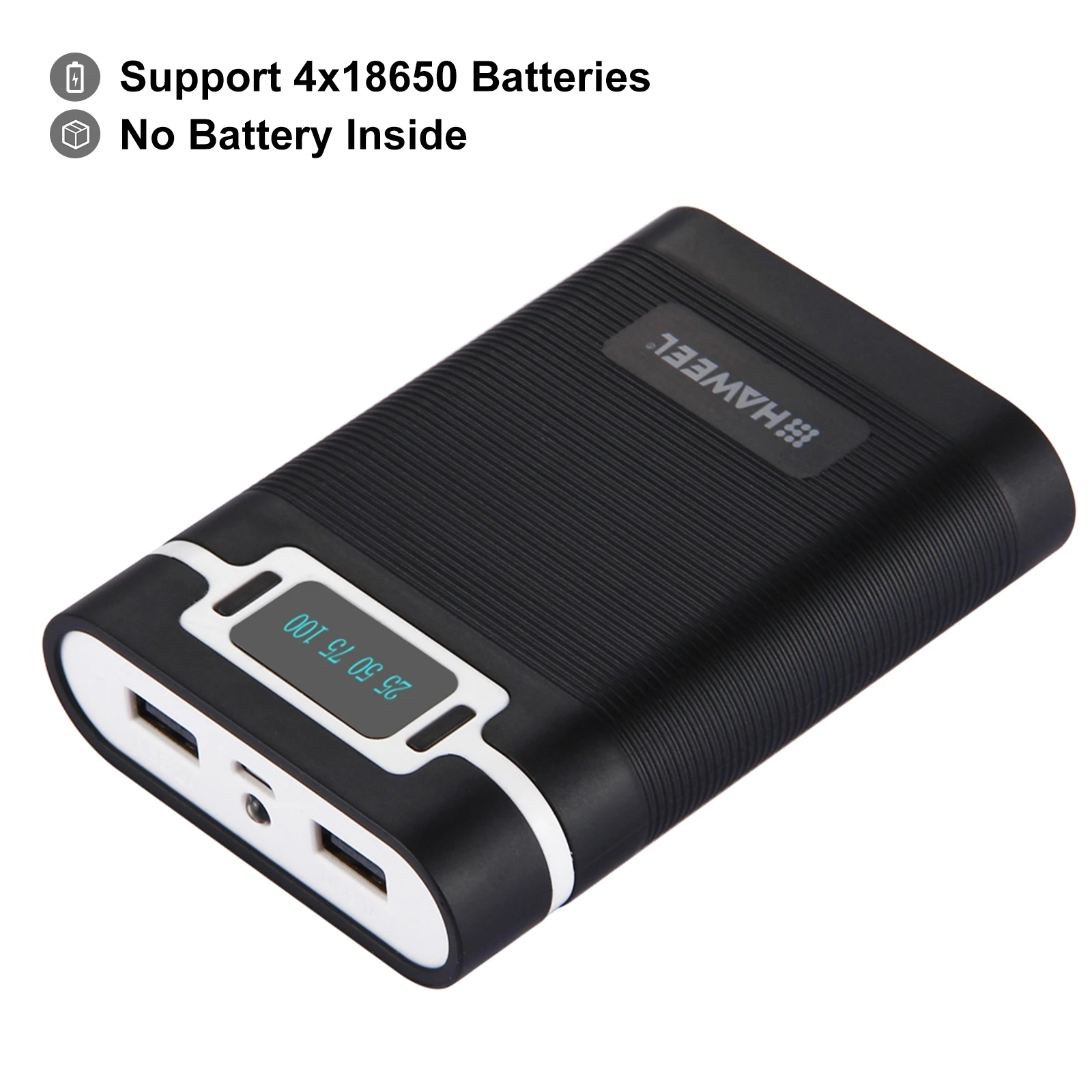 HAWEEL DIY 4 x 18650 Battery (Not Included) 10000mAh Power Bank Shell Box with 2 x USB Output & Display for iPhone/ Galaxy/ Sony