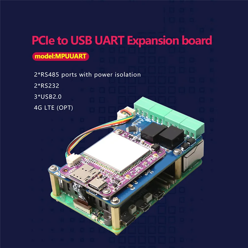 C9-MPUUART Pcie إلى USB UART HAT + بالوعة الحرارة + حافظة لـ Raspberry Pi 5 RS485 ISO RS232 USB2.0 4G LTE وحدة متينة وسهلة الاستخدام