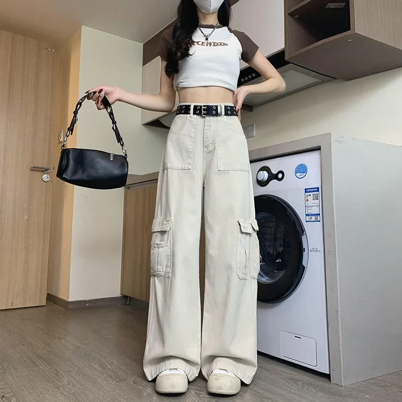 

Women's High Waist Beige Cargo Pants Wide Leg Multi Pocket Casual Loose Streetwear Trousers
