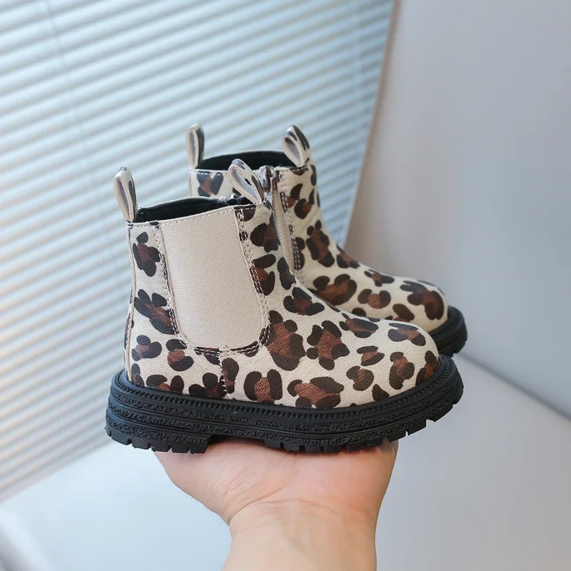 Boys Boots Leopard Prints Classic Little Kids Ankle Boots Side Zipper Fashion Classic Unisex Girls Rubber Boots Breathable Warm