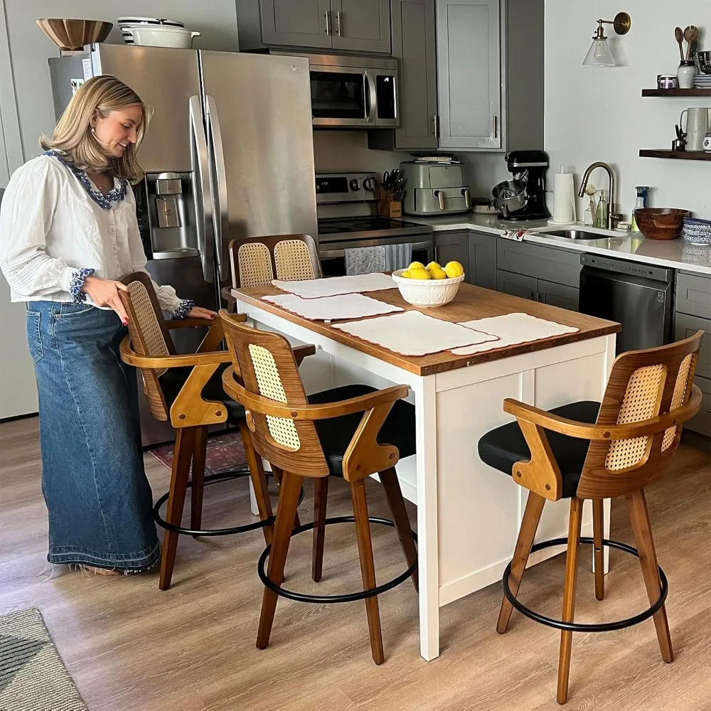 Set of 2 Bar Stools - 27 inch Swivel Rattan bar stools with Cane Back, Curved Arms, Upholstered Seat, Adjustable Bamboo Legs