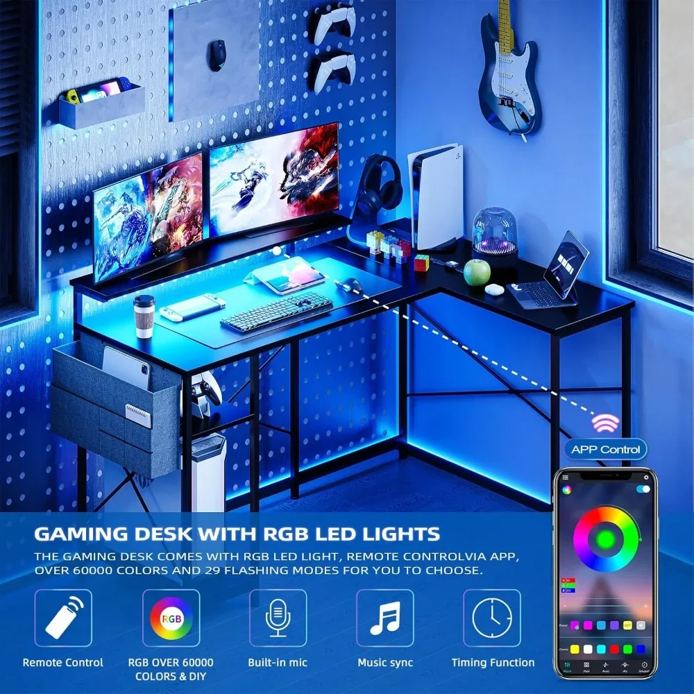 L Shaped Computer Gaming Desk with Power Outlet & LED Light Reversible Modern Office Computer Desks