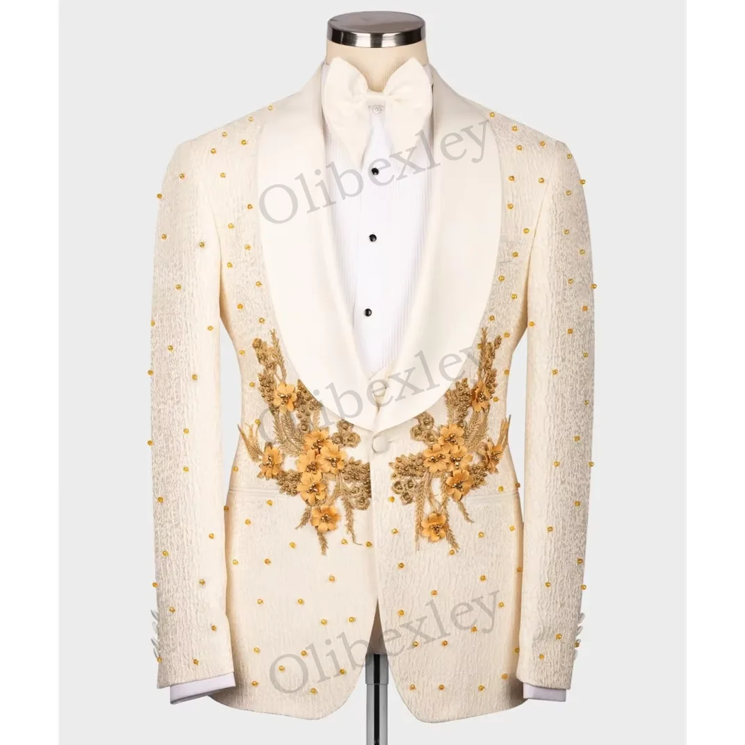 

Olibexley Men's Suits 2 Pieces High Quality Beaded Crystals One Button Slim Fit Wedding Groom Business Dinner Prom