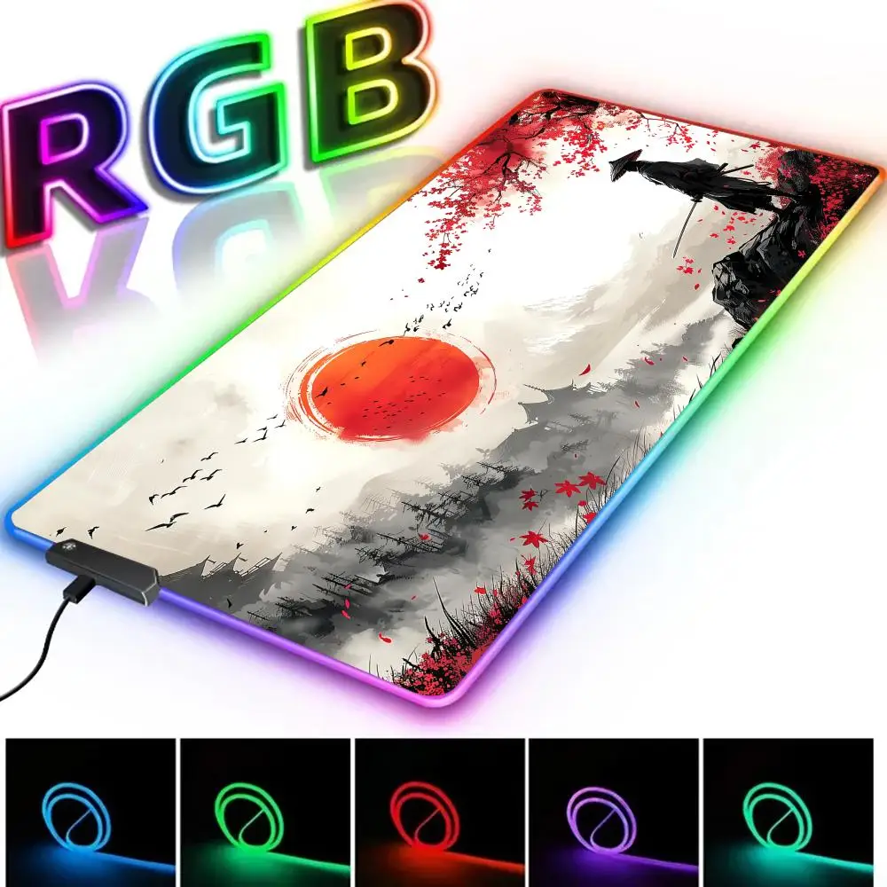 

Red Full Moon Cherry Blossoms and Samurai RGB Коврик для мыши Настольный коврик Аксессуары для ПК и настольные игровые коврики Светодиодный светящийся игровой коврик для мыши