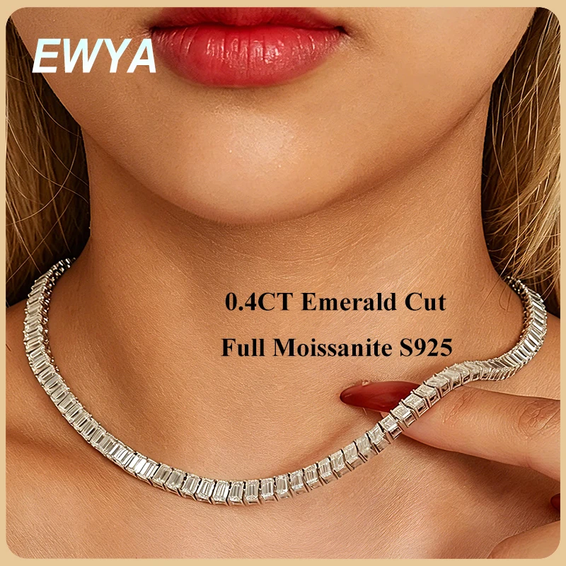 EWYA 0.4CT Emerald Cut Full Moissanite Tennis Neck Chain Women Man s925 Silver Lab Diamond Luxury Party Bridal Wedding Necklaces