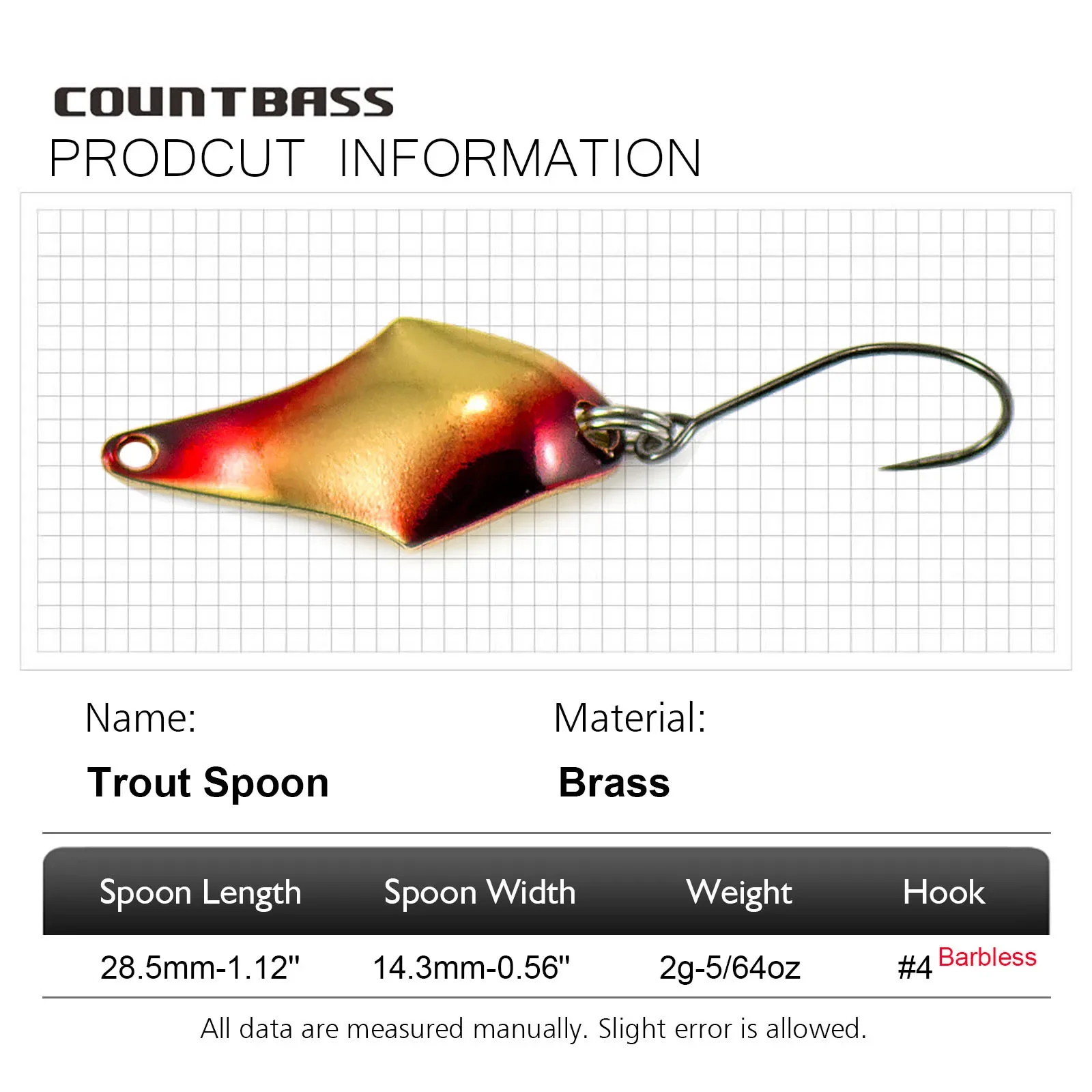 COUNTBASS 6PCS Casting Spoon 5/64oz 2g With Barbless Hook Salmon Trout Pike Bass Metal Brass Fishing Lures