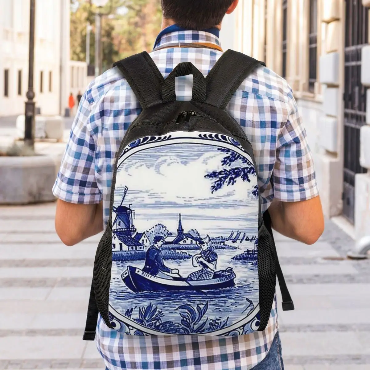 الهولندية الأزرق دلفت طاحونة الكنيسة والمراكب الشراعية حقيبة ظهر الطالب حقيبة مدرسية المشي لمسافات طويلة السفر Daypack حقيبة الكتب الموضة حقائب الكتف